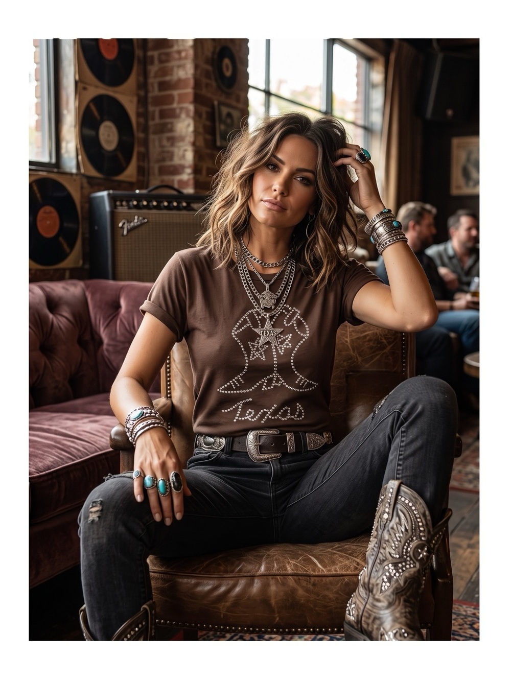 Handmade ★ Silver Studs Motif Texas Cowboy Boots Bling Tee Shirt ★ Cocoa Brown S